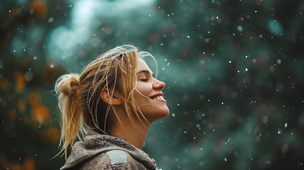 a woman in a winter coat with snowflakes falling