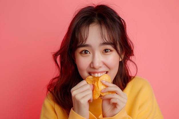 Photo a woman with brown hair eating a piece of food