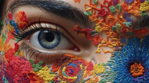 A woman with a colorful face painted with the eyes painted with the colors of the fabric