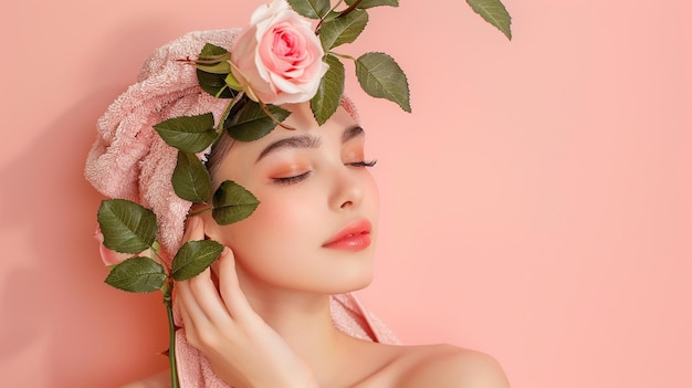 a woman with a flower on her head is covered with pink flowers