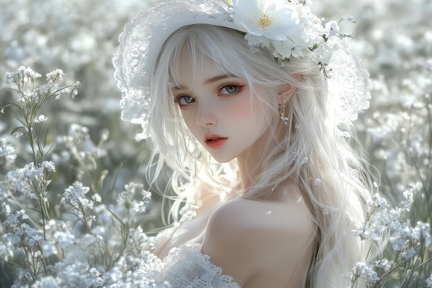 Photo a woman with a flowery hat on her head the hat is white and has a lot of flowers on it the woman has a very pretty and elegant look