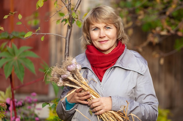 A woman with garlic is in the garden A middleaged woman in a jacket on the background of autumn trees in the backyard harvests