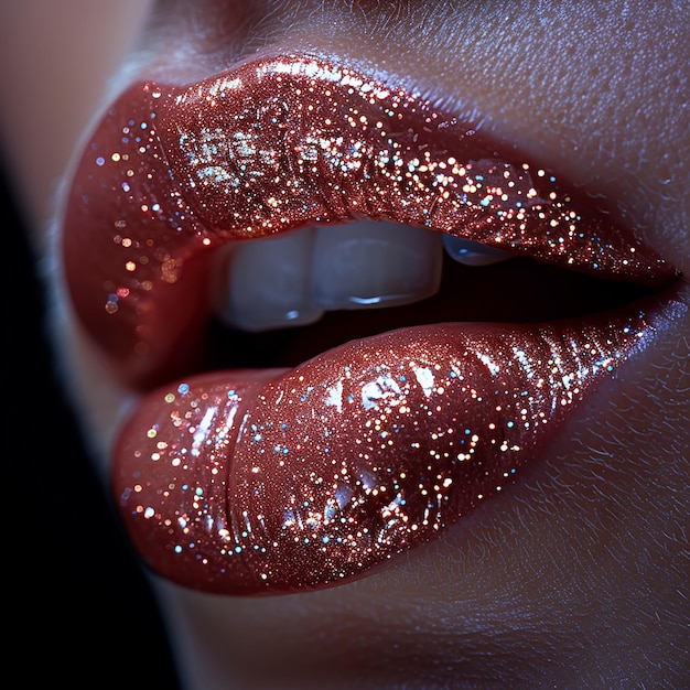 a woman with glitter on her lips is wearing a glittery lip