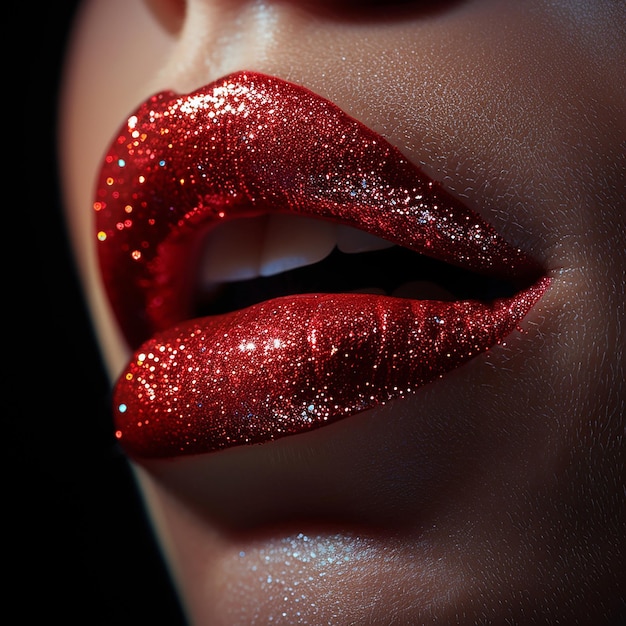 a woman with glitter on her lips is wearing a red glittery lip gloss