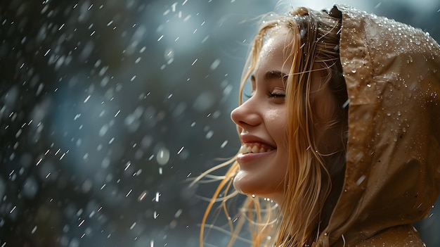 a woman with a headband is smiling and the rain is falling