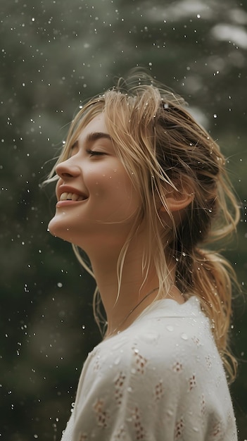 a woman with her hair in a bun in a rain storm