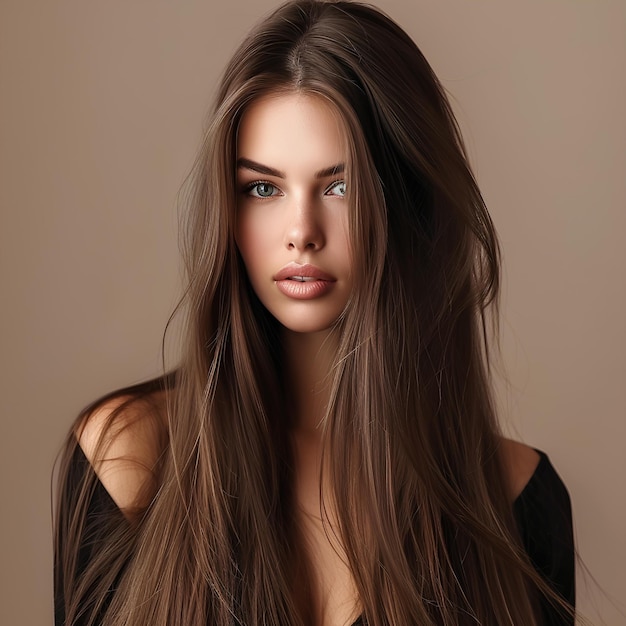 A woman with long brown hair and a black top