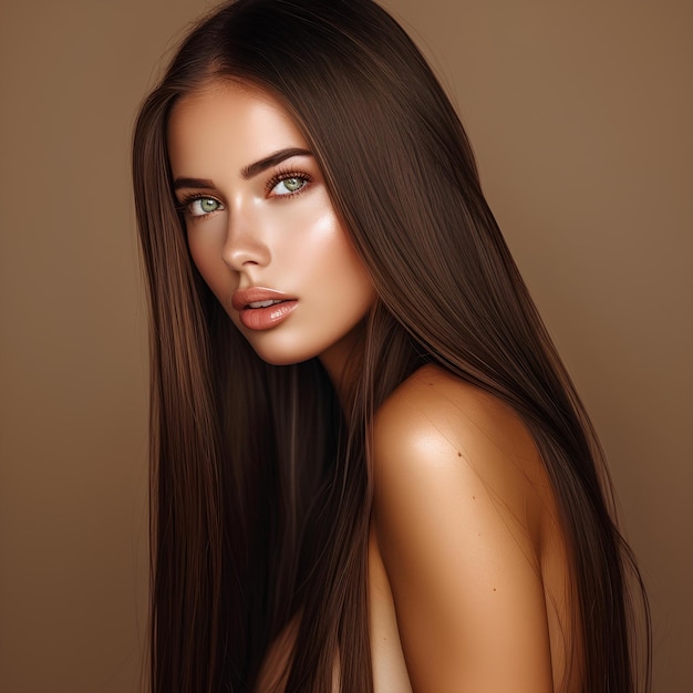 A woman with long brown hair and green eyes