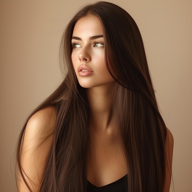 A woman with long brown hair and green eyes