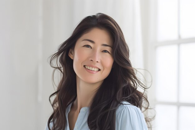 Photo a woman with long hair smiling and a smile on her face