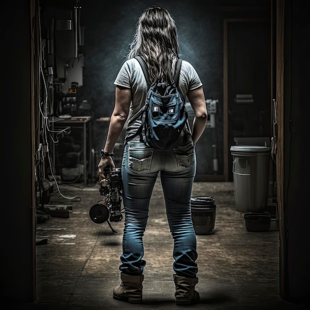 A woman with long hair stands in a dark room with a heavy weight.