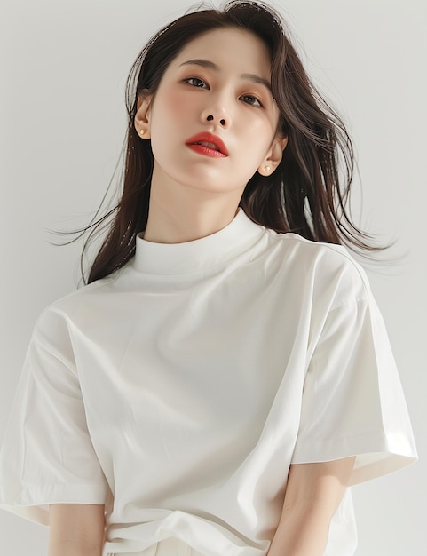 Photo a woman with a red lip and a white shirt with a white collar