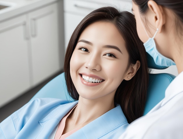 Photo a woman with a smile that is wearing a blue shirt