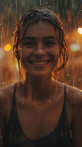 a woman with wet hair smiling under the rain