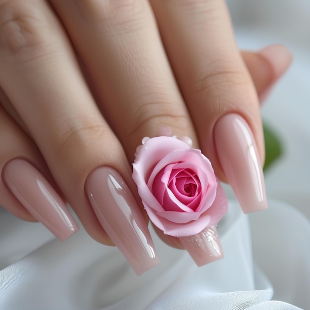 A womans hand with a pink rose on it