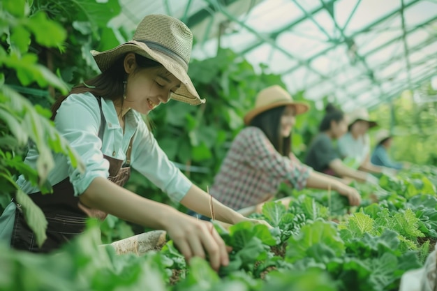 Photo women in greenhouse farming for sustainable agriculture and wellness