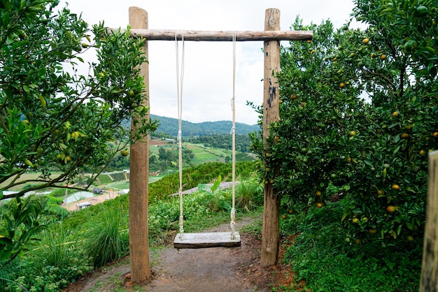 Wood swing with beautiful mountain hill background