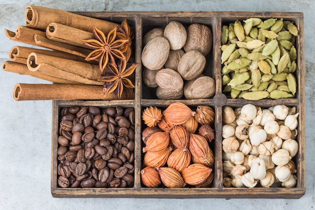 Wooden box with aromatic seeds