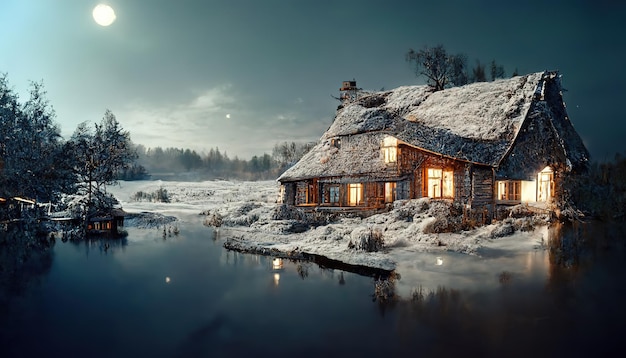 Wooden cottage with coniferous trees ice on the lake and the moon in the sky