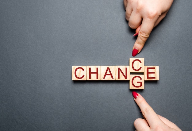 Photo wooden cube with word change to chance on wood table.