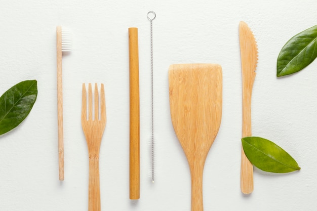 Wooden cutlery set on desk