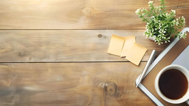 Photo wooden desk with cup of coffee and sticky notes