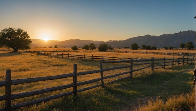 Photo a wooden fence in a grassy field at sunset