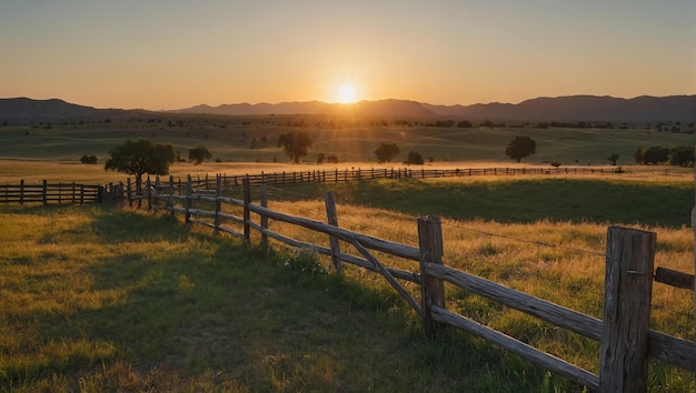 Photo a wooden fence in a grassy field at sunset