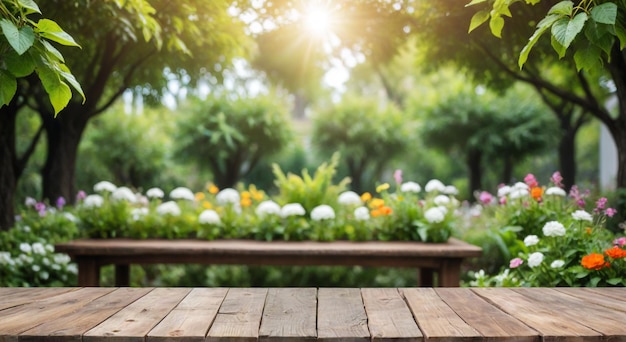 Photo a wooden garden bench with flowers and a wooden table with a bench in the background