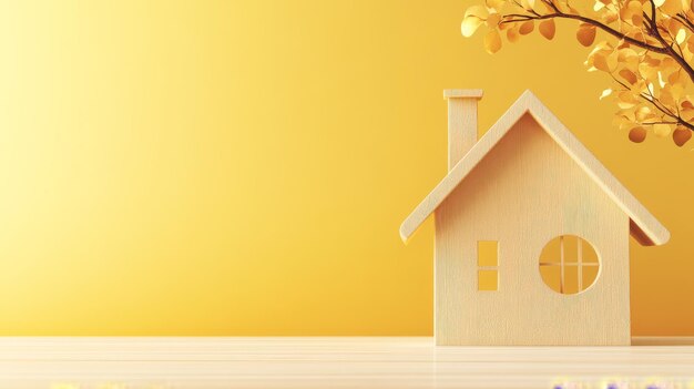 Photo a wooden house model radiates warmth and charm against a bright yellow backdrop