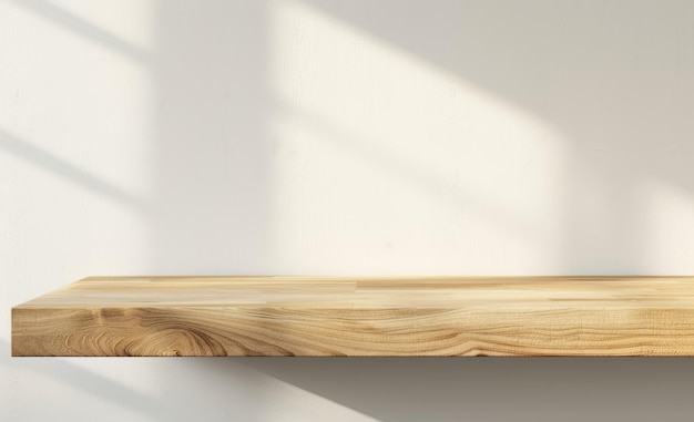 Photo wooden shelf with sunlight shadow on a white wall