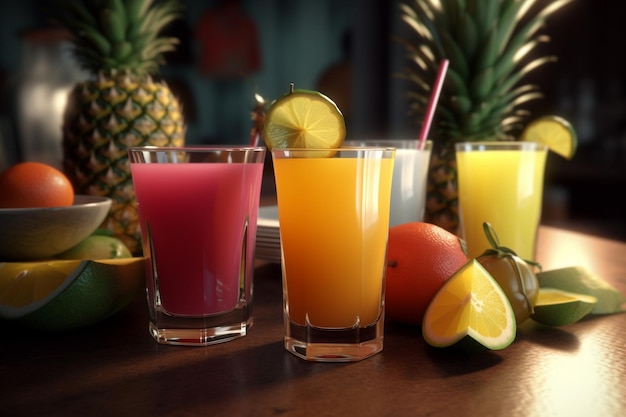 A wooden table topped with three glasses of juice and some fruit Generative AI