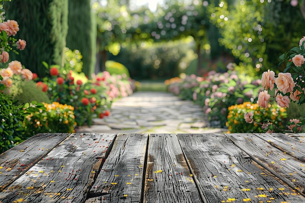 Photo a wooden table with flowers and a wooden plank that says  spring