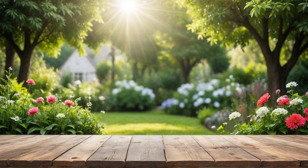 Photo a wooden table with a garden in the background