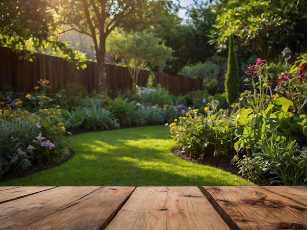 Photo a wooden table with a garden in the background