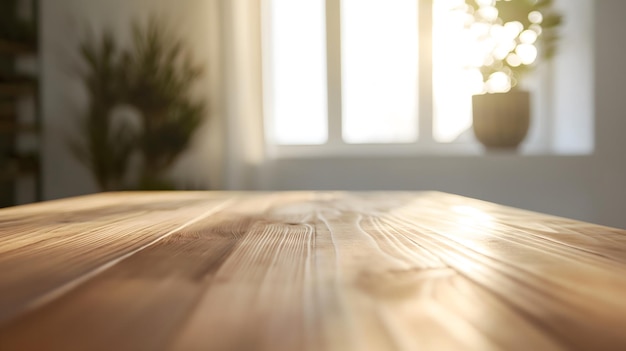 Photo wooden table with natural light and greenery