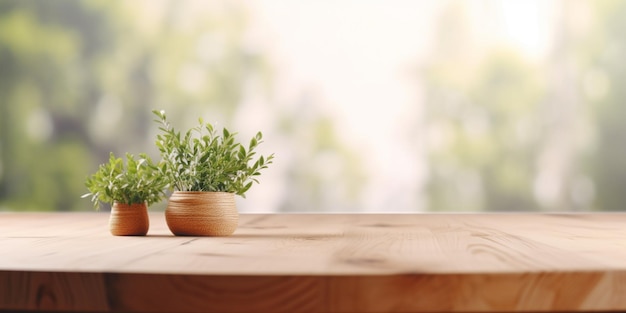 Photo a wooden table with a plant in the middle and a green plant in the middle.