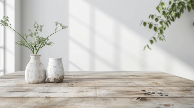 Photo a wooden table with vases and plants on it