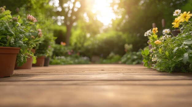 Photo wooden tabletop with flowers and bokeh background in summer garden