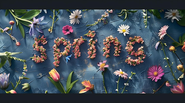 Photo the word spring is on a blue table cloth