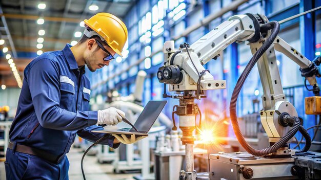 Photo a worker in a factory using a laptop