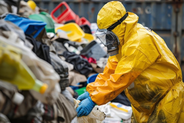 Photo worker in protective gear collecting hazardous waste materials for safe disposal