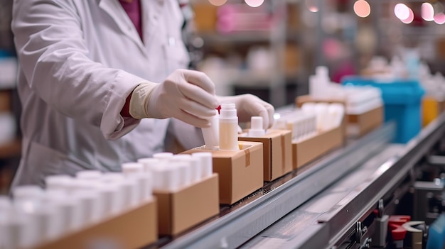 Workers carefully packing cosmetics in conveyor belt in box with space Generative AI