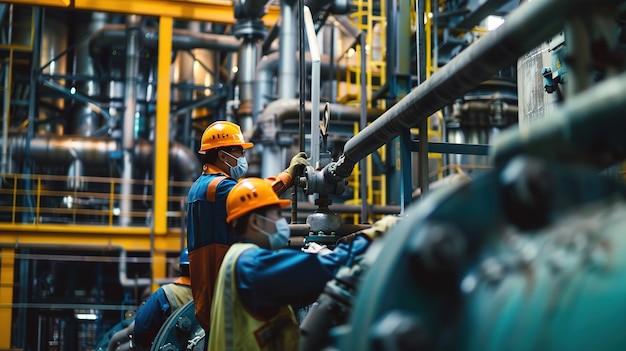 Workers in safety gear operating machinery at an oil refinery