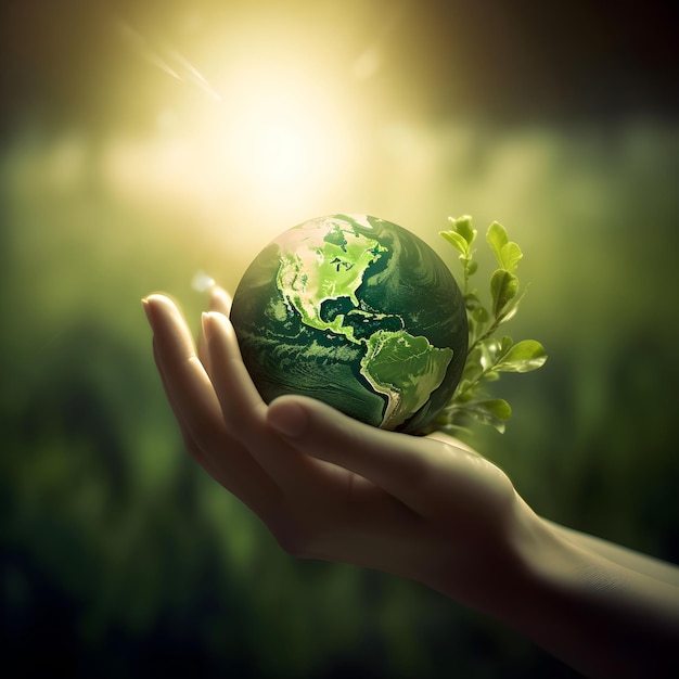 Photo world environment concept green globe in hands earth day banner save the planet ai generative