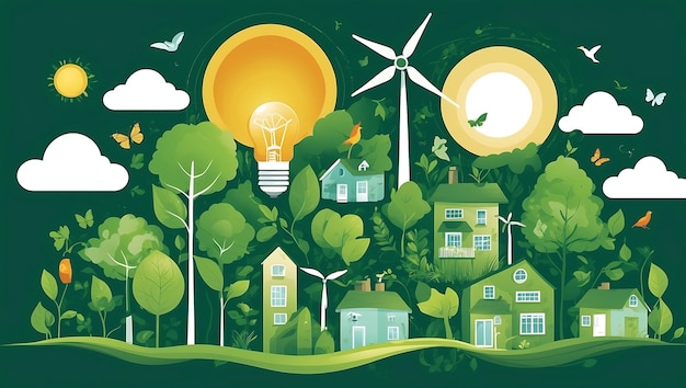 Photo world environment day a green light bulb with eco friendly elements including houses