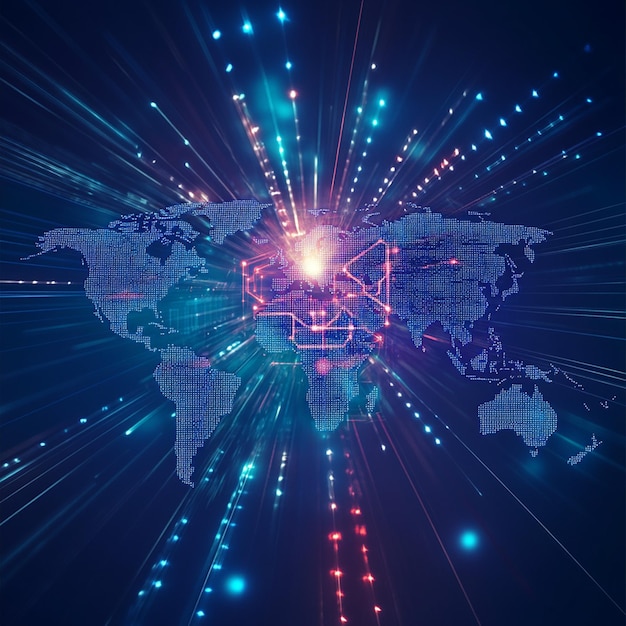 Photo world map on a technological background bright lines and rays