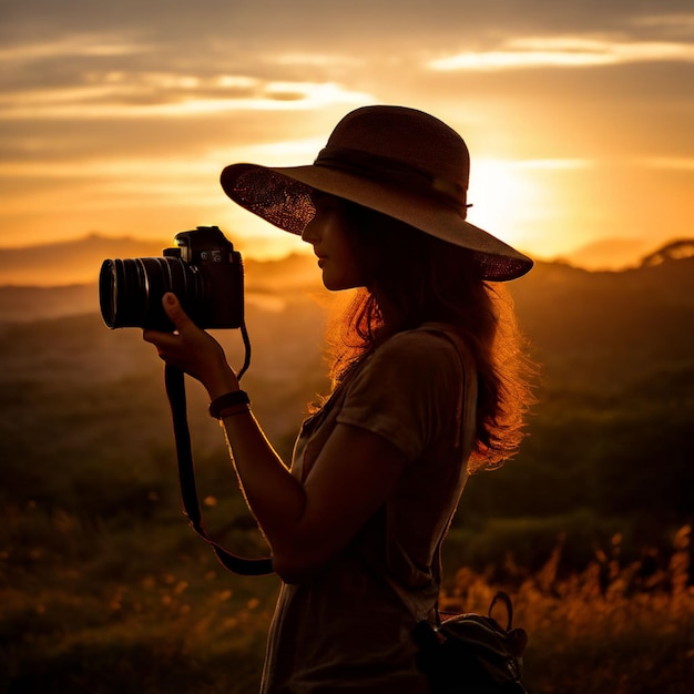 On World Photography Day a woman holding on camera were hat silhouette World photography day background Photographer with camera vector illustration