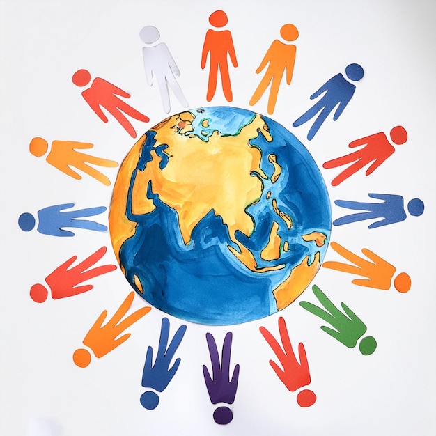 world population day globe with a map and many clipart people around world