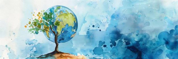 Photo world water week horizontal banner green tree against the background of the globe save water and environment concept climate change problem watercolor illustration copy space